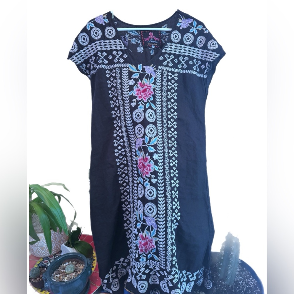Johnny Was Black Linen Dress Boho Large